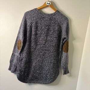 RD Style Gray Crew Neck Sweater Brown Elbow Patches Women's M good preworn cond